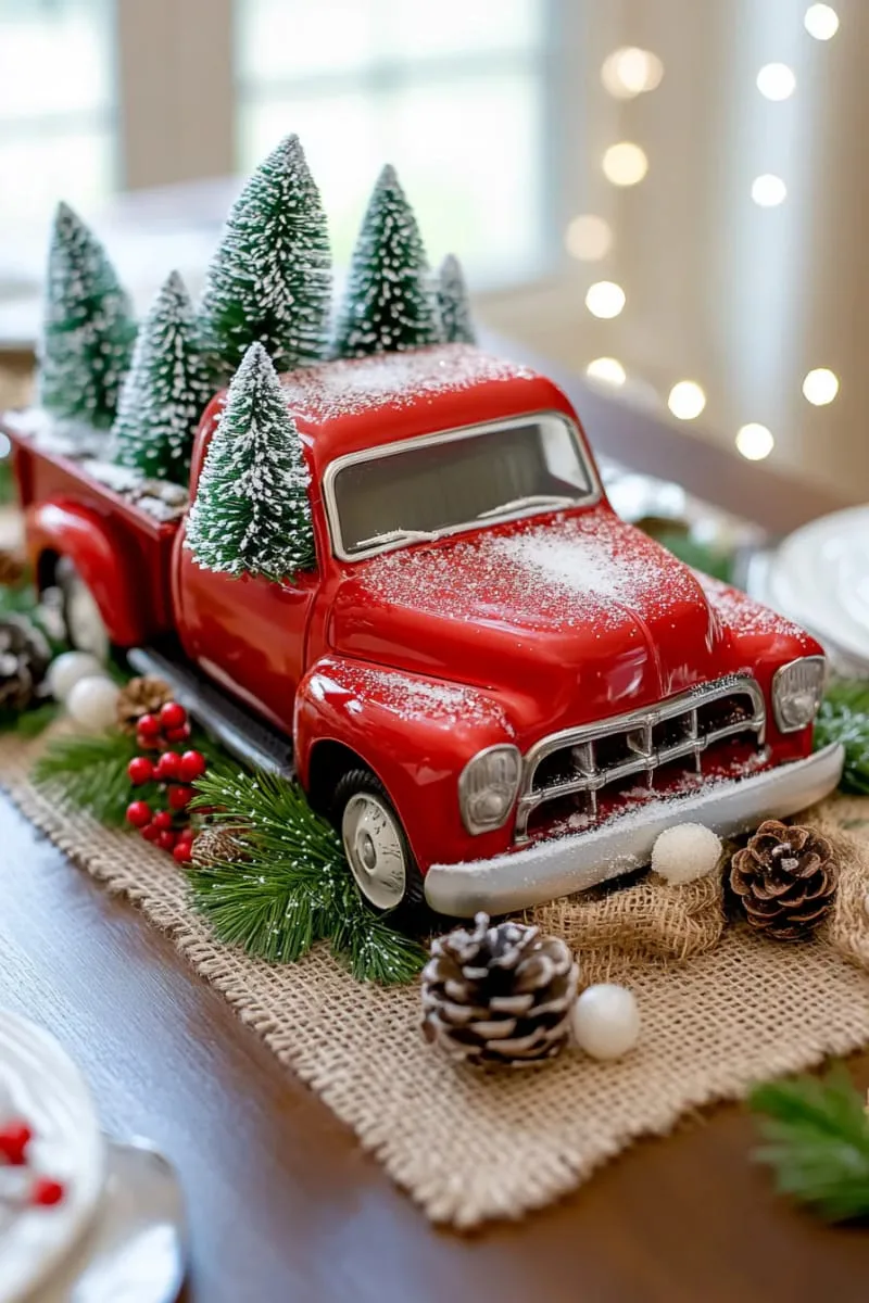 29 Creative Christmas Kitchen Decor Ideas You'll Absolutely Love 16 vintage-style red truck carrying bottle brush trees centerpiece 1