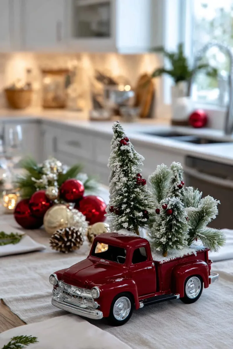 29 Creative Christmas Kitchen Decor Ideas You'll Absolutely Love 17 vintage-style red truck carrying bottle brush trees centerpiece 1