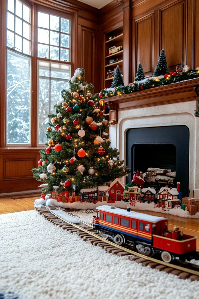 27 Vintage Christmas Decorations You'll Love 63 vintage toy trains circling the base of the christmas tree with faux snow 1