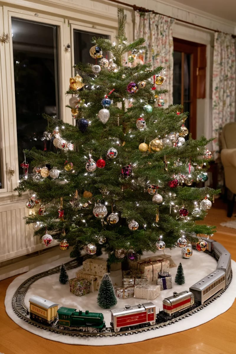 27 Vintage Christmas Decorations You'll Love 64 vintage toy trains circling the base of the christmas tree with faux snow 1