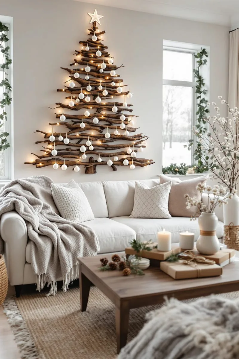 29 Simple Christmas Decor Ideas for a Beautiful Holiday Season 27 wall-mounted christmas tree made from layered branches 1