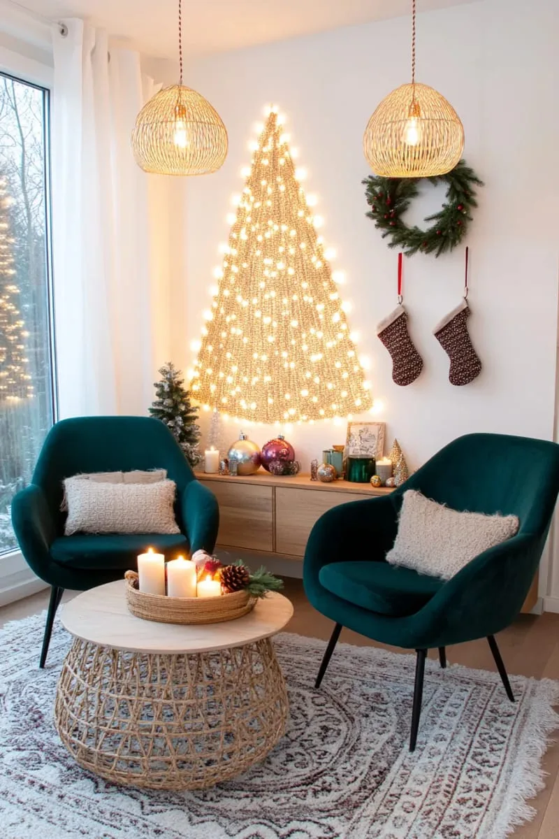 wall-mounted christmas tree made from string lights and mini ornaments 1