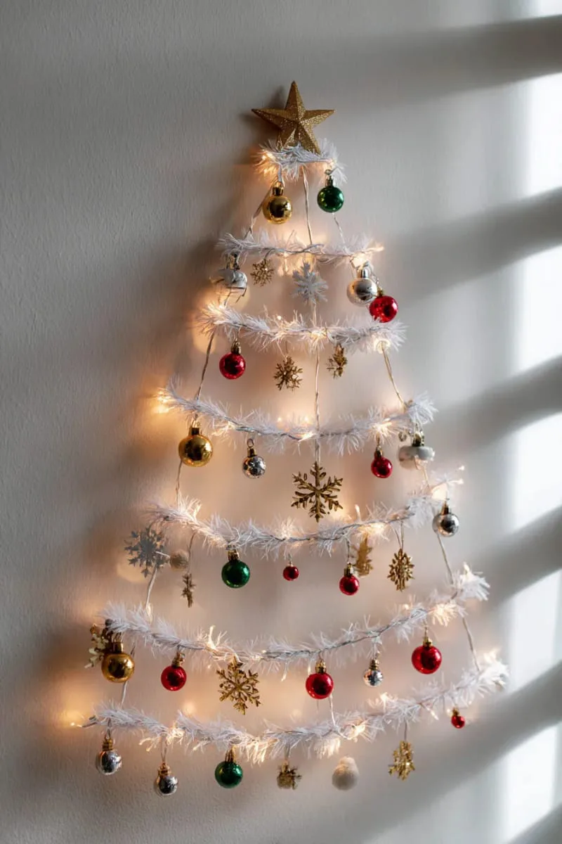 wall-mounted christmas tree made from string lights and mini ornaments 1