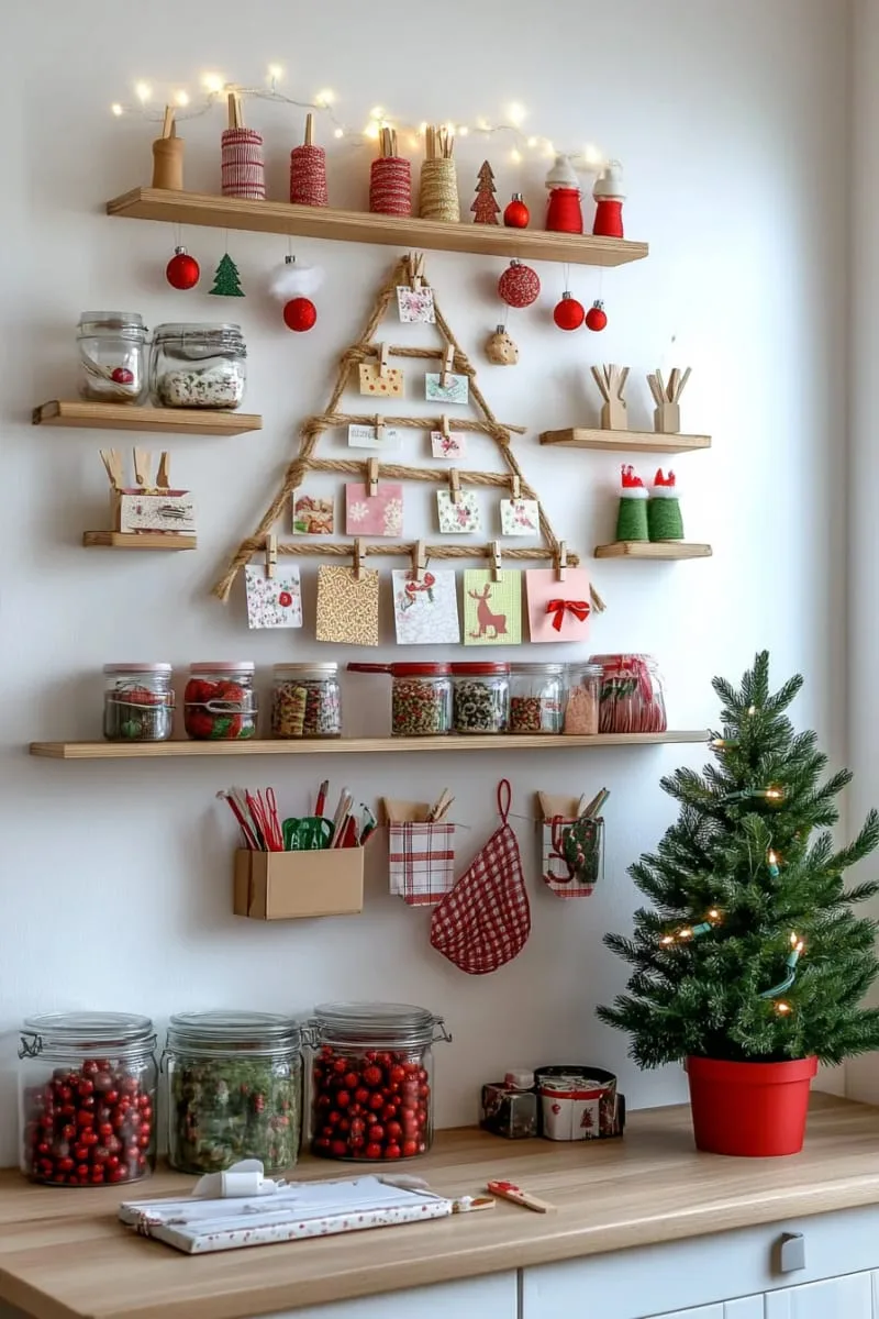 wall-mounted holiday card tree with twine and mini clothespins 1