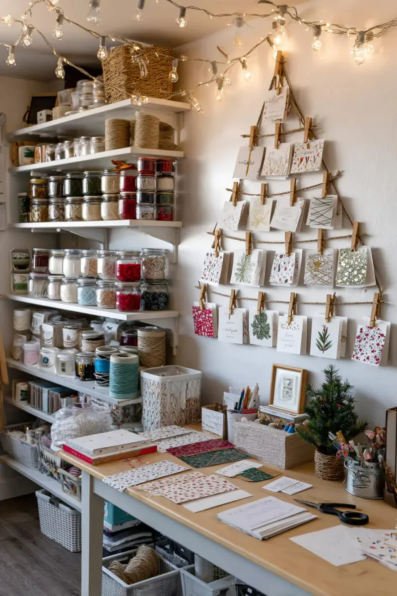 wall-mounted holiday card tree with twine and mini clothespins 1