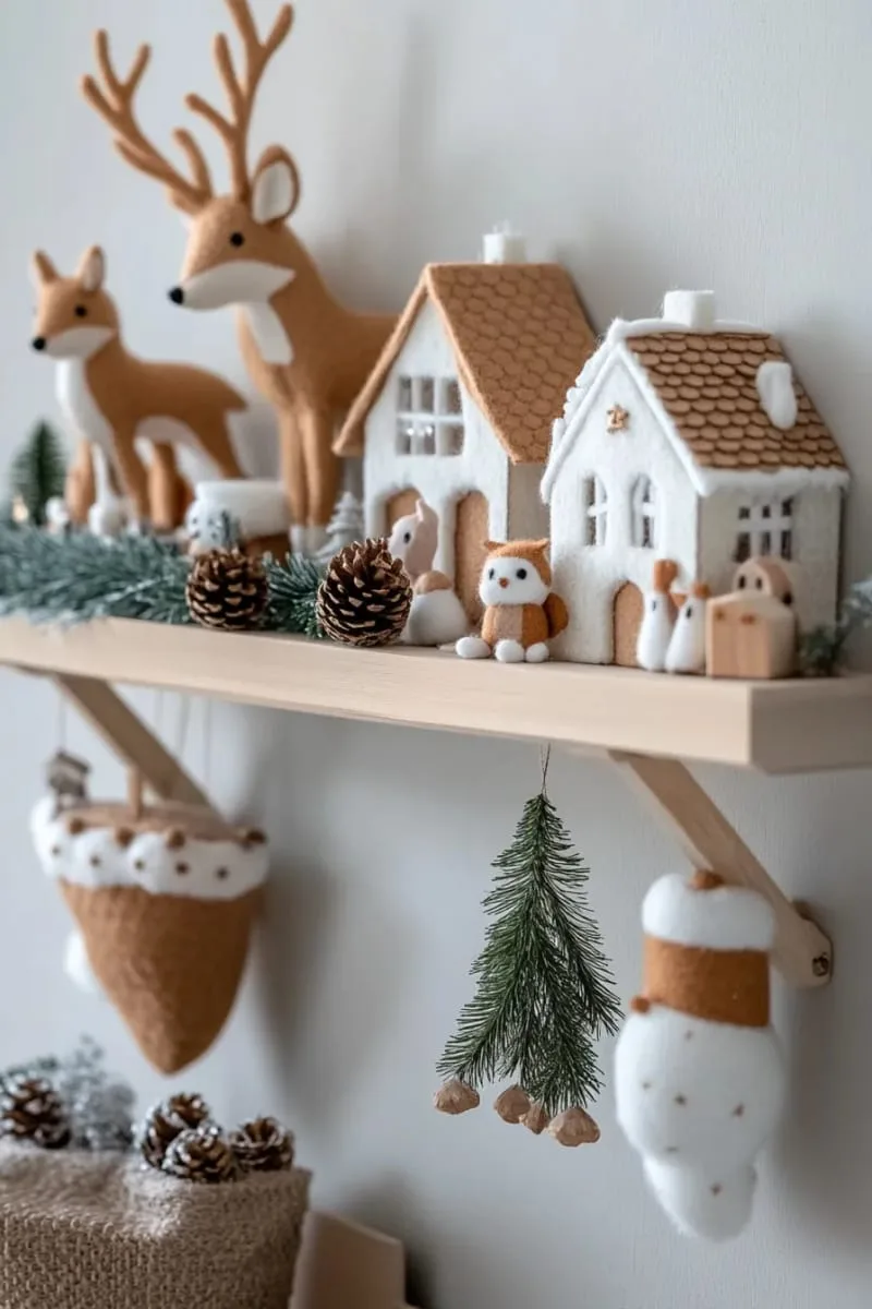 wall-mounted shelf featuring felt woodland animals and snowy village houses 1
