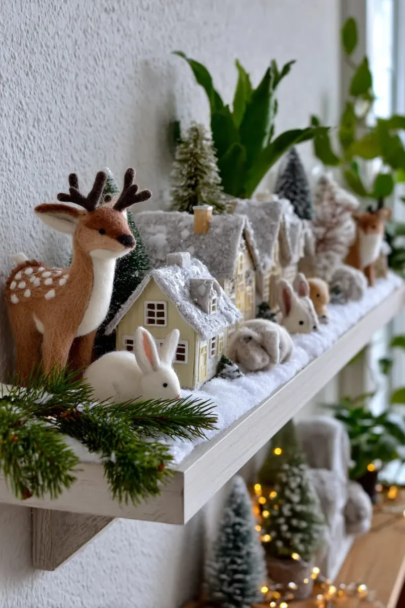 wall-mounted shelf featuring felt woodland animals and snowy village houses 1