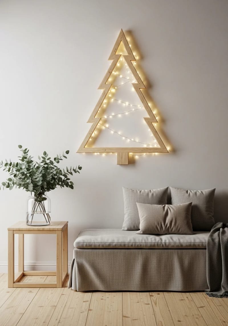 wall-mounted triangle tree sculpture lit with soft, neutral fairy lights 1
