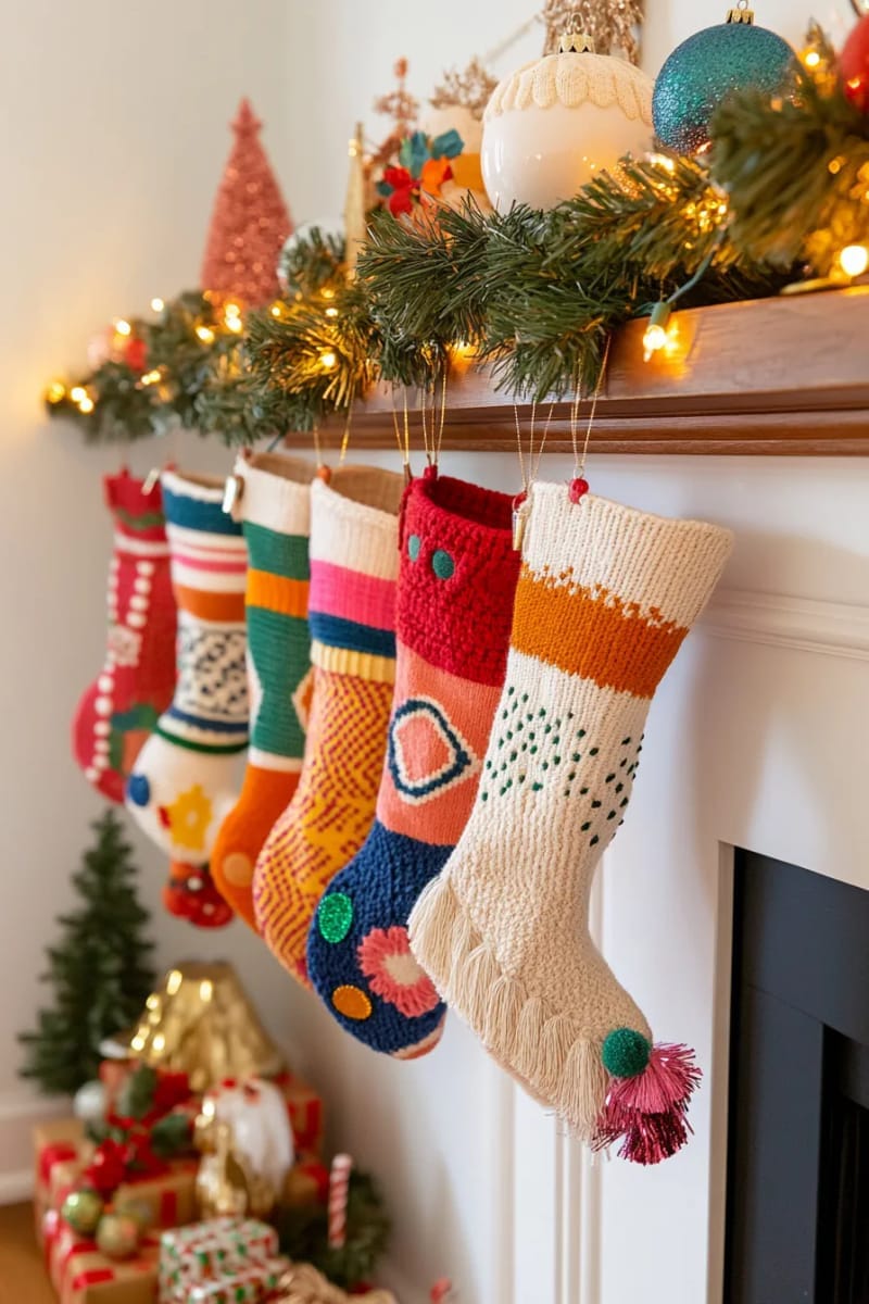 23 Kitsch Christmas Decor Ideas Full of Color, Whimsy, and Cheer 38 wall of mismatched vintage stockings featuring sequins and kitschy trims 1