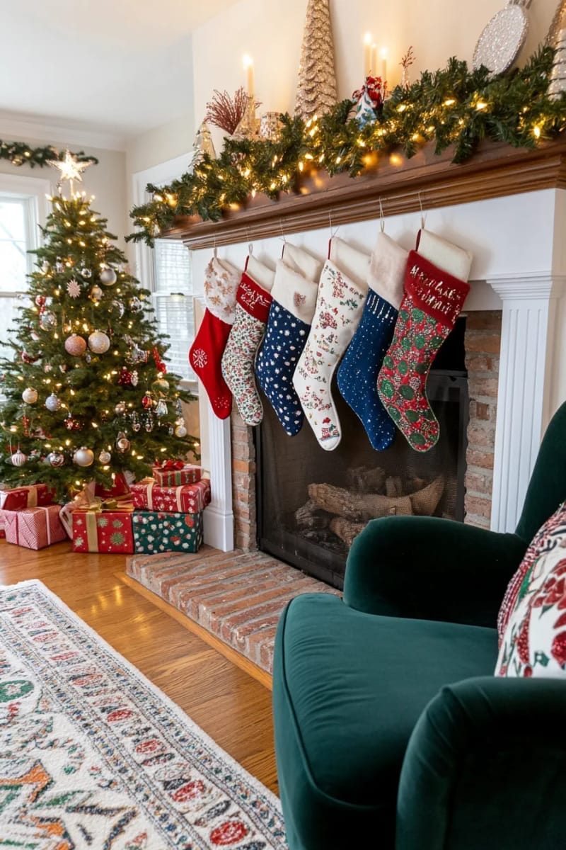23 Kitsch Christmas Decor Ideas Full of Color, Whimsy, and Cheer 39 wall of mismatched vintage stockings featuring sequins and kitschy trims 1