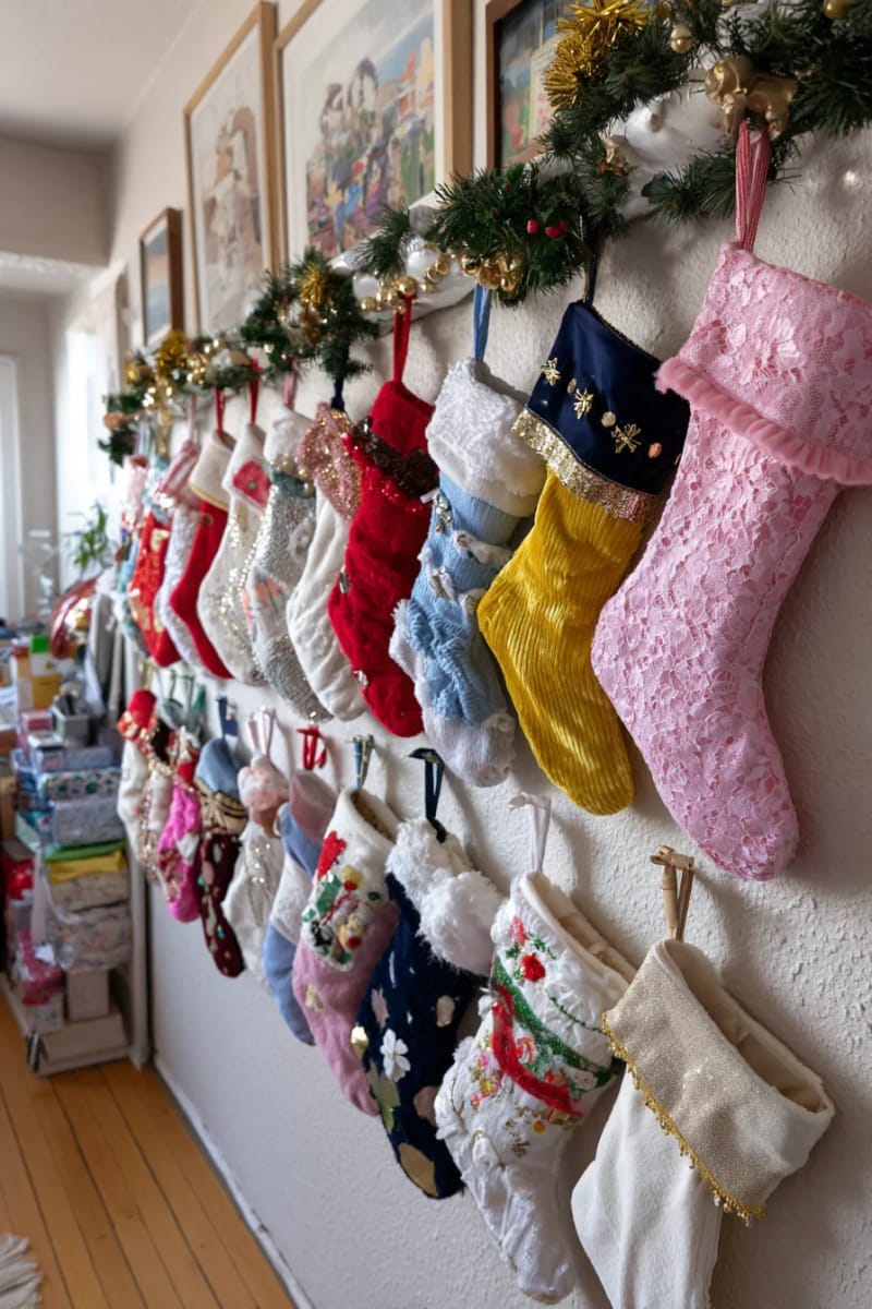 23 Kitsch Christmas Decor Ideas Full of Color, Whimsy, and Cheer 40 wall of mismatched vintage stockings featuring sequins and kitschy trims 1