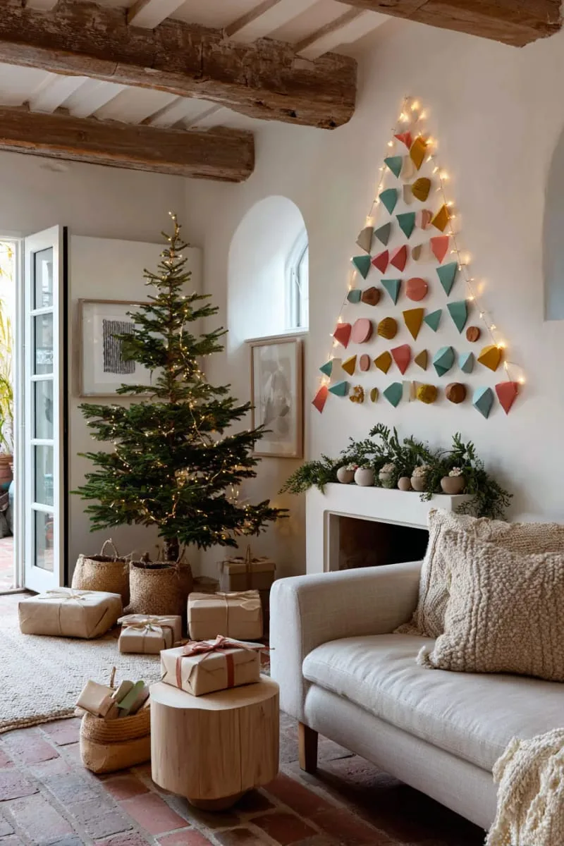 wall tree with colorful geometric paper ornaments and string lights 1