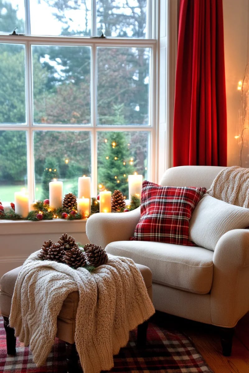 warm candlelit windowsills dotted with pinecones and mini stockings 1