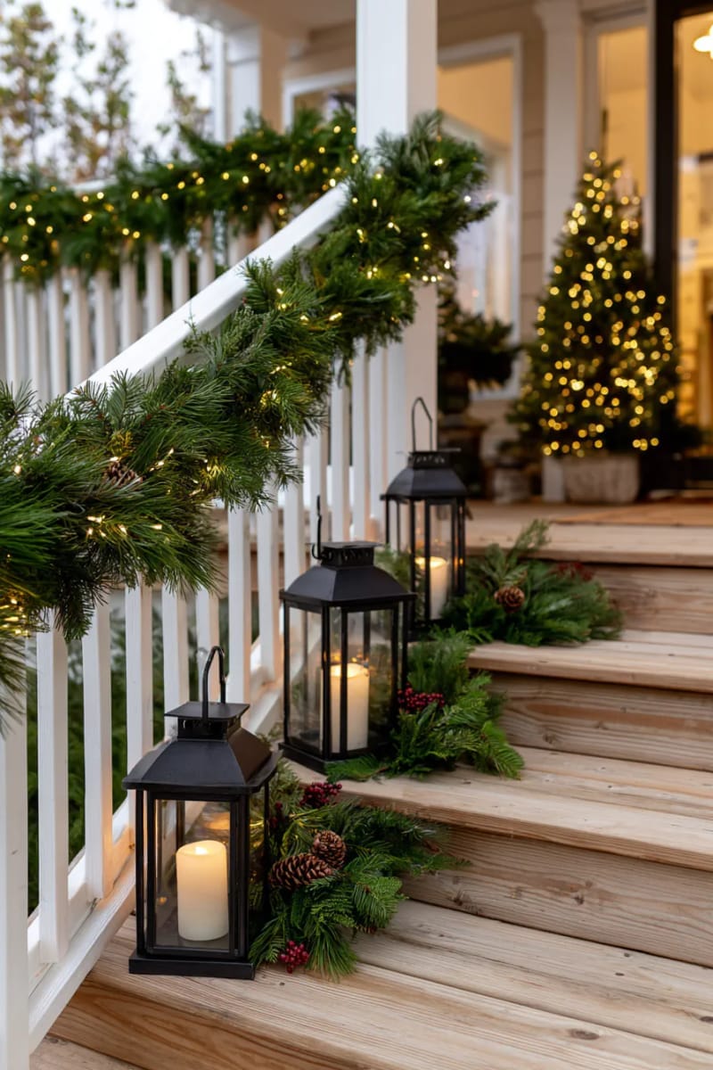 warm fairy lights woven through classic evergreen garlands and lanterns 1