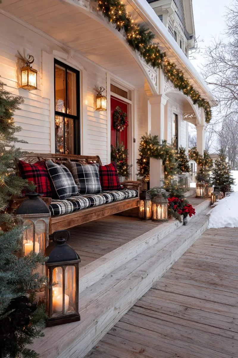warm fairy lights woven through classic evergreen garlands and lanterns 1