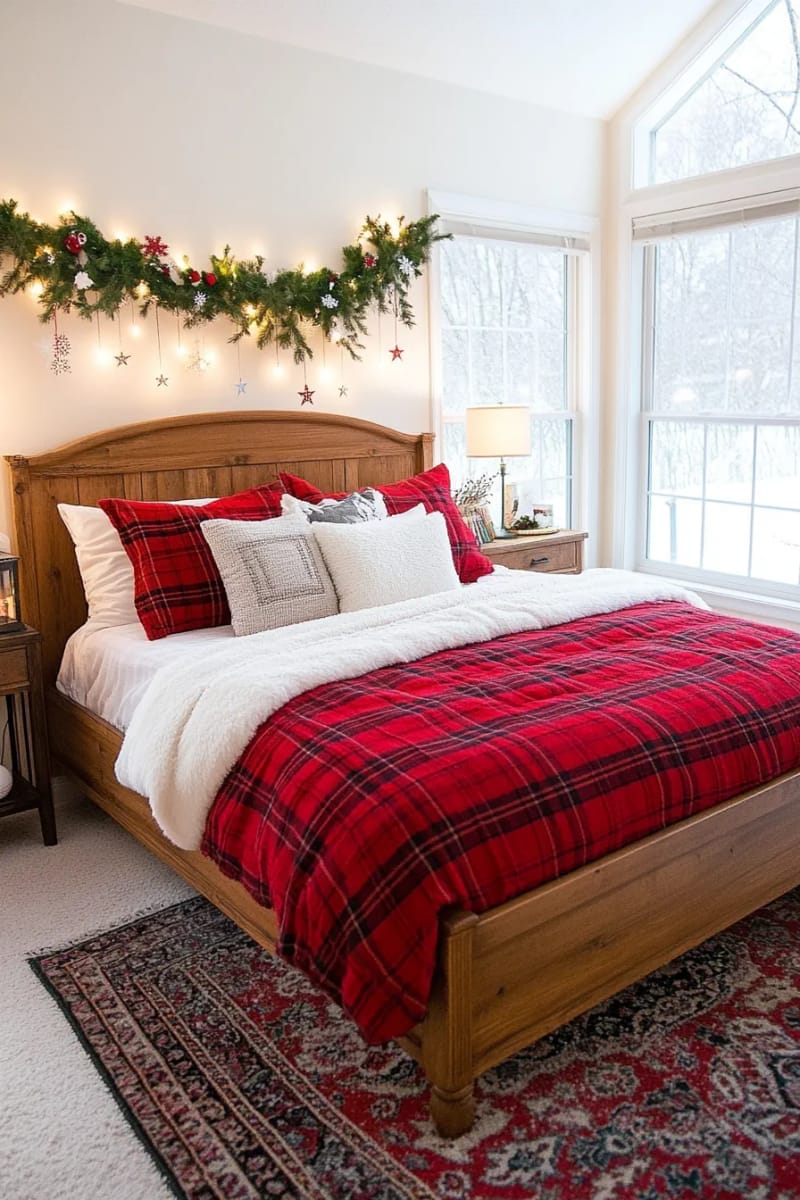 warm-lit bedroom with garlands above the headboard and red plaid sheets 1