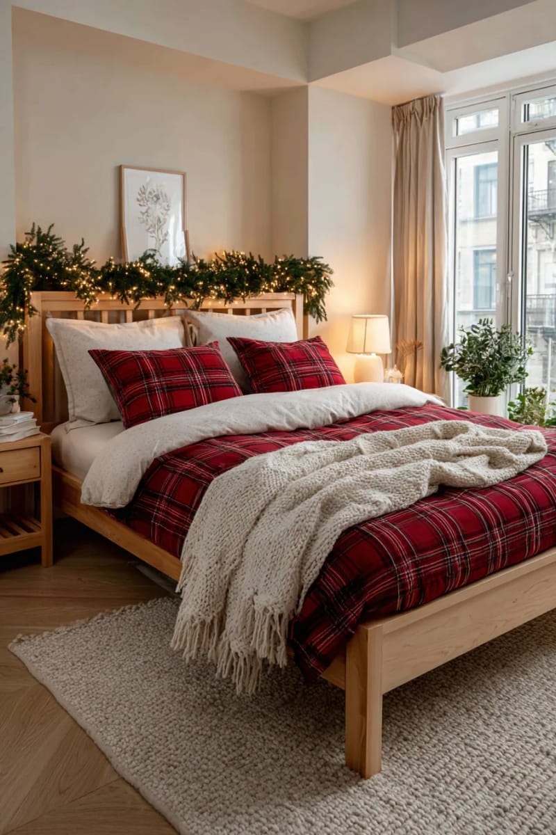 warm-lit bedroom with garlands above the headboard and red plaid sheets 1