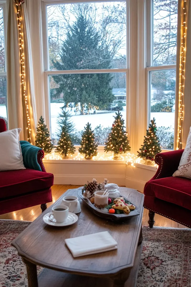 warm window display with fairy lights and tiny christmas trees 1