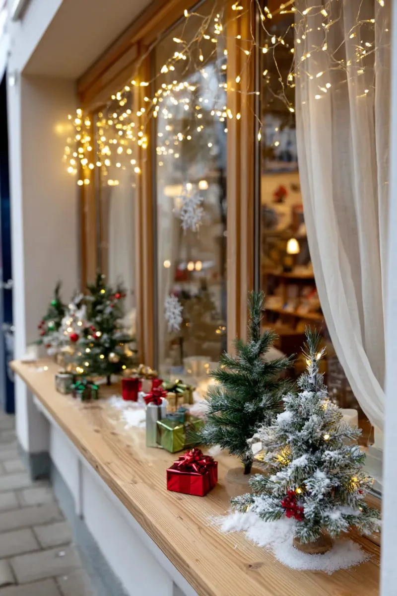 warm window display with fairy lights and tiny christmas trees 1