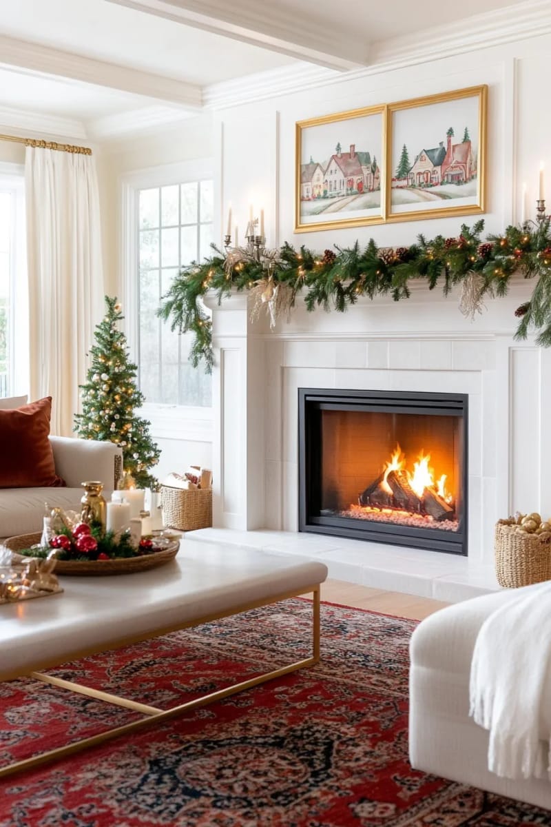 27 Vintage Christmas Decorations You'll Love 58 watercolor christmas village prints displayed in mismatched gold frames 1