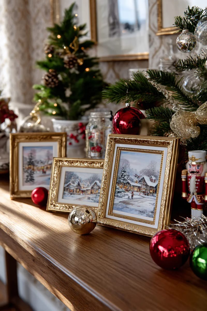 27 Vintage Christmas Decorations You'll Love 59 watercolor christmas village prints displayed in mismatched gold frames 1