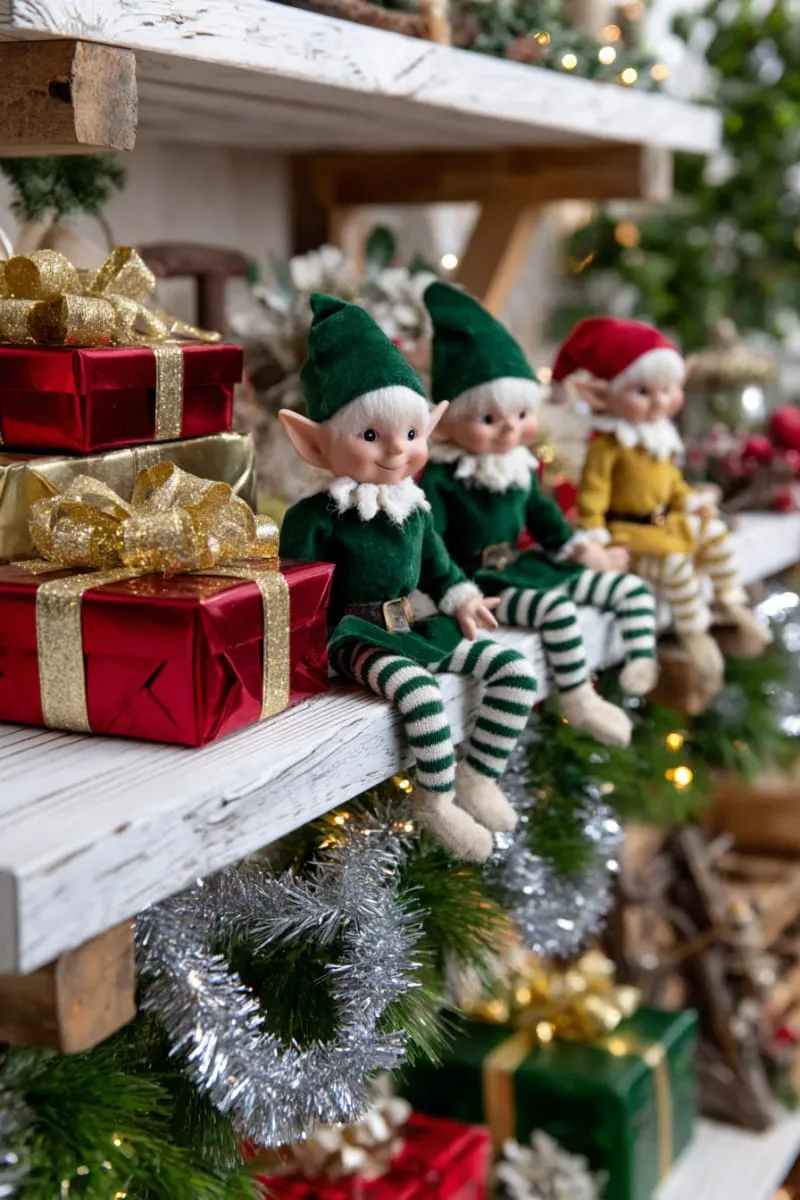 whimsical elf figurines climbing shelves with sparkly garlands and presents 1