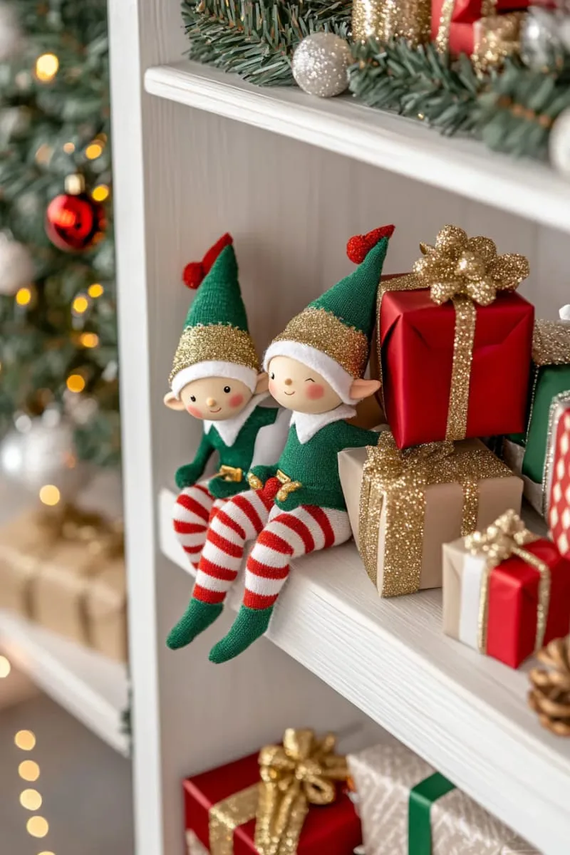 whimsical elf figurines climbing shelves with sparkly garlands and presents 1