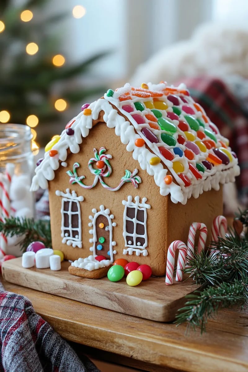 whimsical gingerbread house scene with candy accents on a side table 1