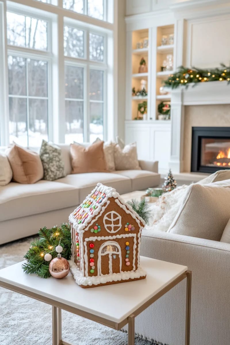 whimsical gingerbread house scene with candy accents on a side table 1