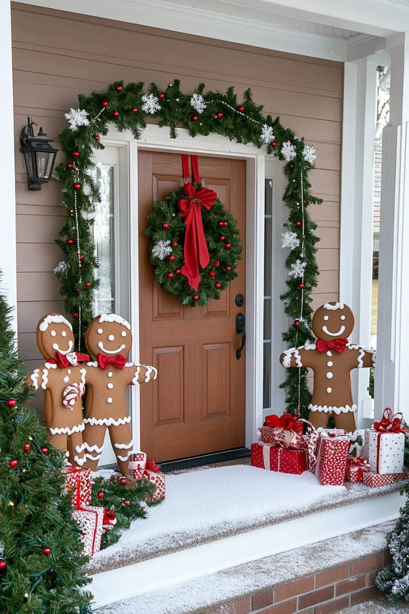 whimsical gingerbread men and women standing guard beside the main entrance 1