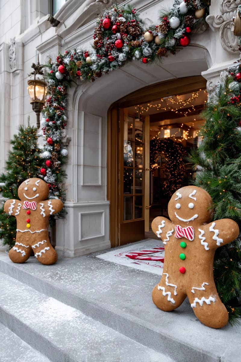 whimsical gingerbread men and women standing guard beside the main entrance 1