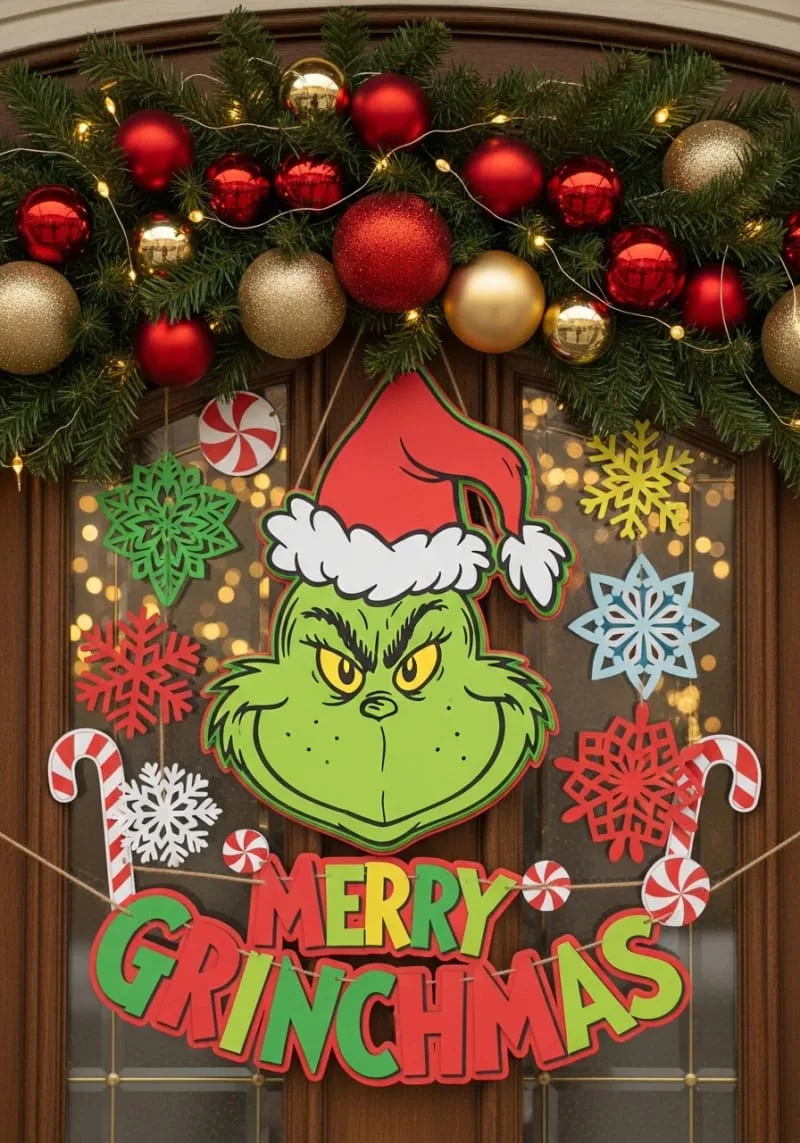 whimsical grinch door sign with playful layered cardstock 1