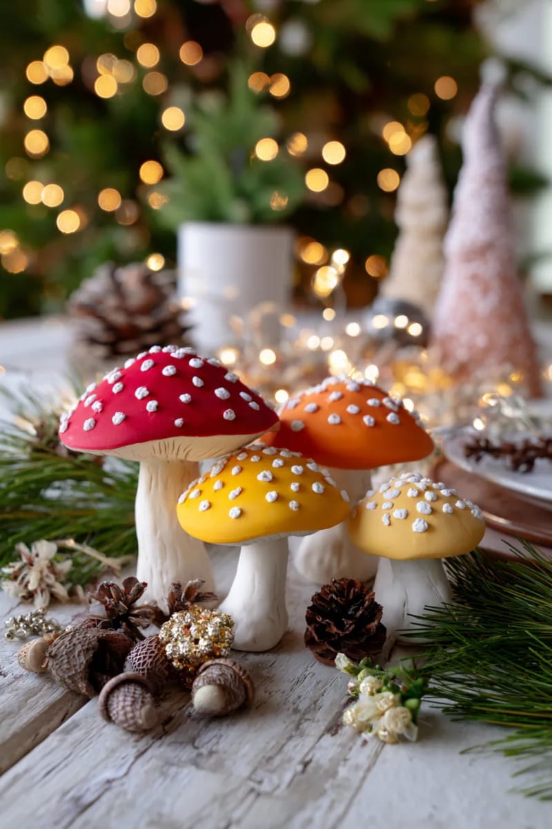 whimsical mushroom ornaments crafted from air dry clay and paint 1