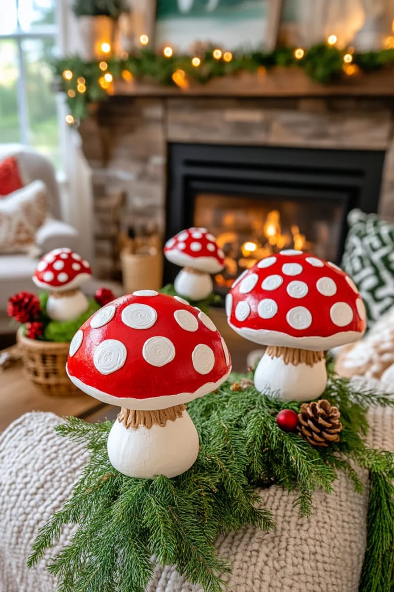 whimsical mushroom ornaments crafted from air dry clay and paint 1