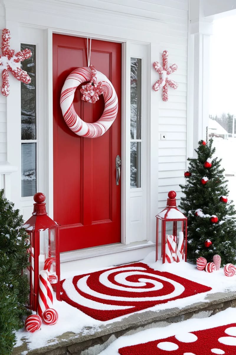 27 Beautiful Christmas Front Door Decor Ideas to Inspire 40 whimsical peppermint swirl decorations and red doormat 1
