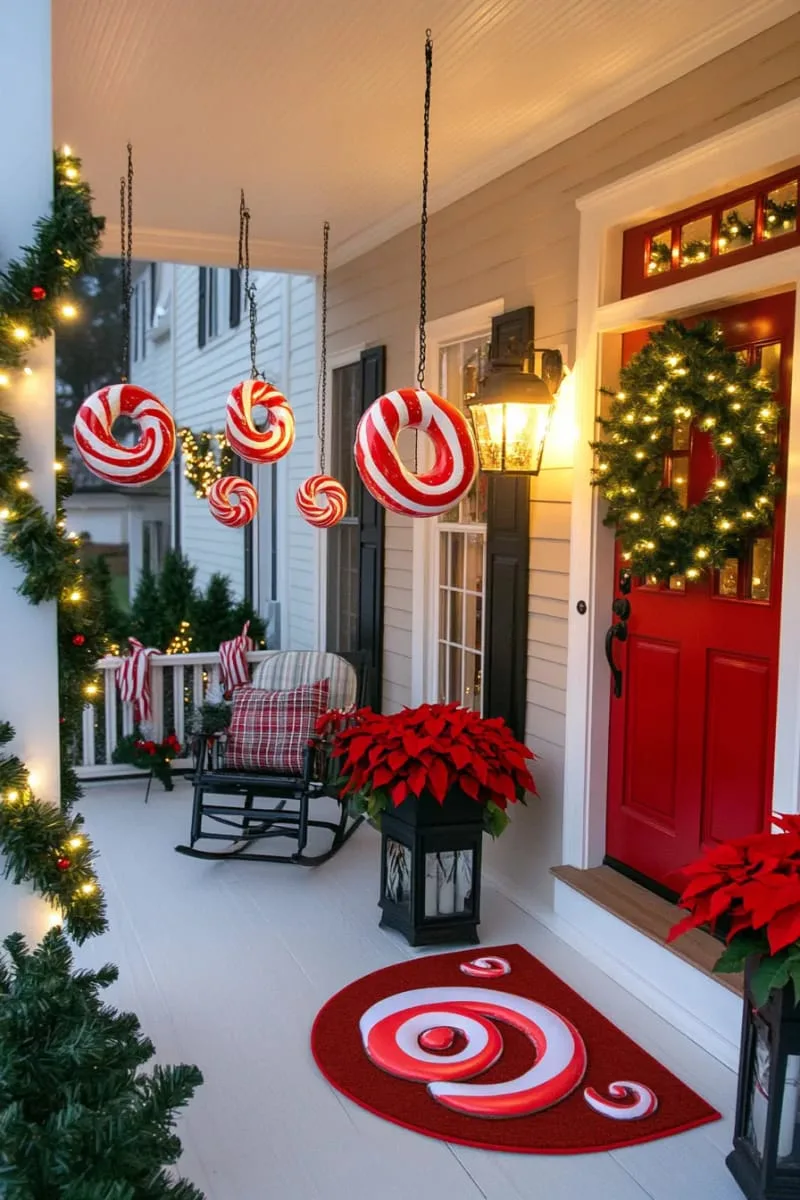 whimsical peppermint swirl decorations and red doormat 1