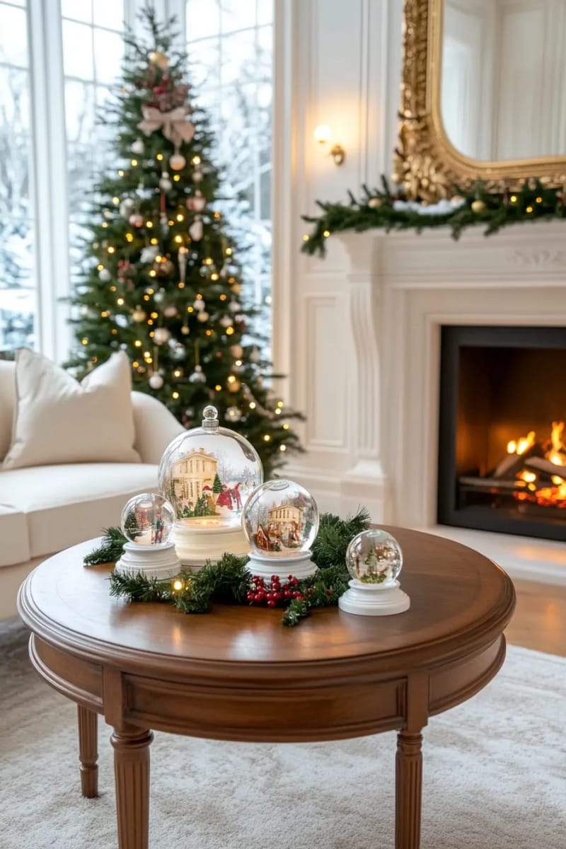 whimsical snow globe collection displayed on a living room sideboard 1