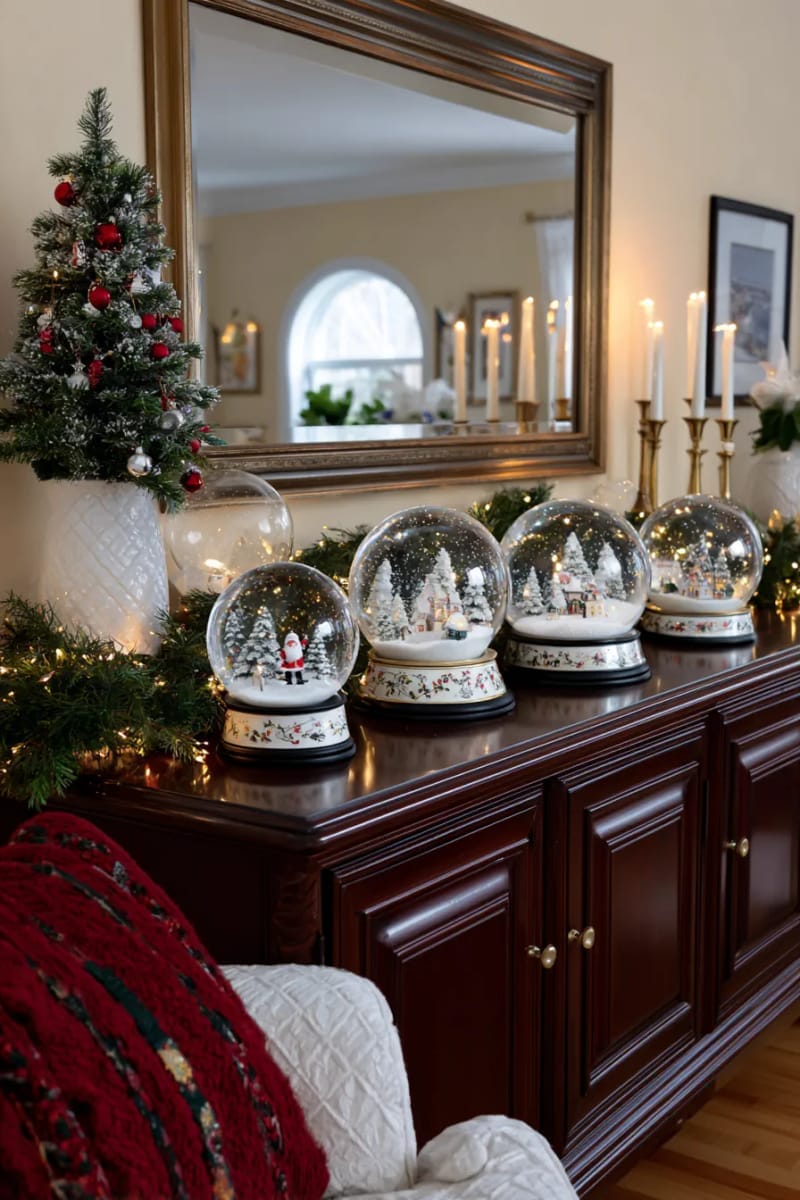 whimsical snow globe collection displayed on a living room sideboard 1