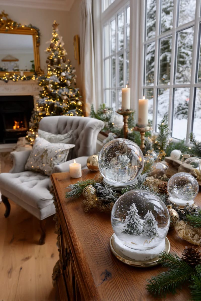 whimsical snow globe collection displayed on a living room sideboard 1