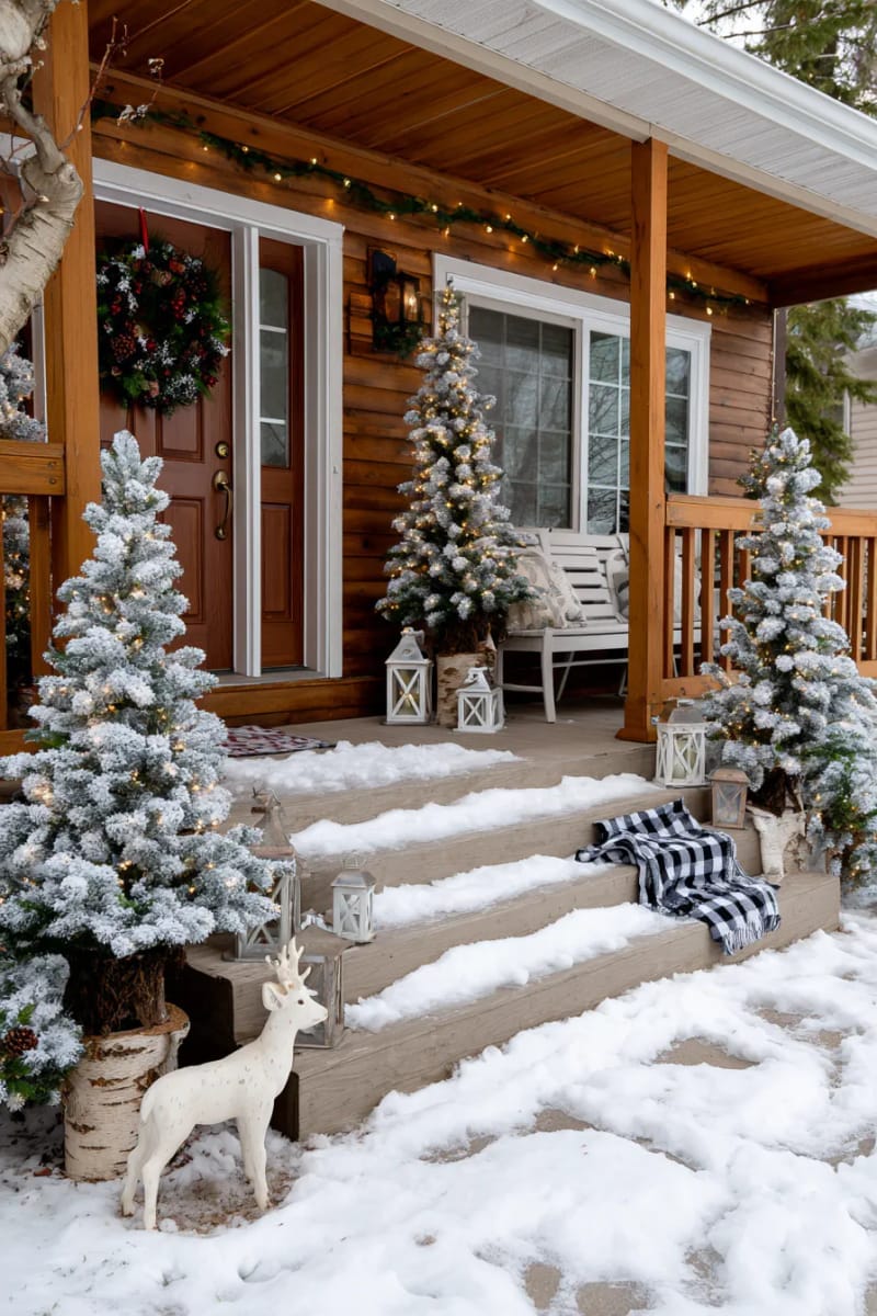15 Dreamy Front Porch Christmas Trees to Try This Year 31 whimsical woodland porch with pine trees, faux snow, and deer figurines 1