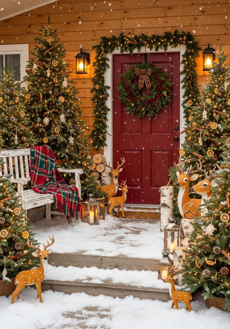 15 Dreamy Front Porch Christmas Trees to Try This Year 32 whimsical woodland porch with pine trees, faux snow, and deer figurines 1
