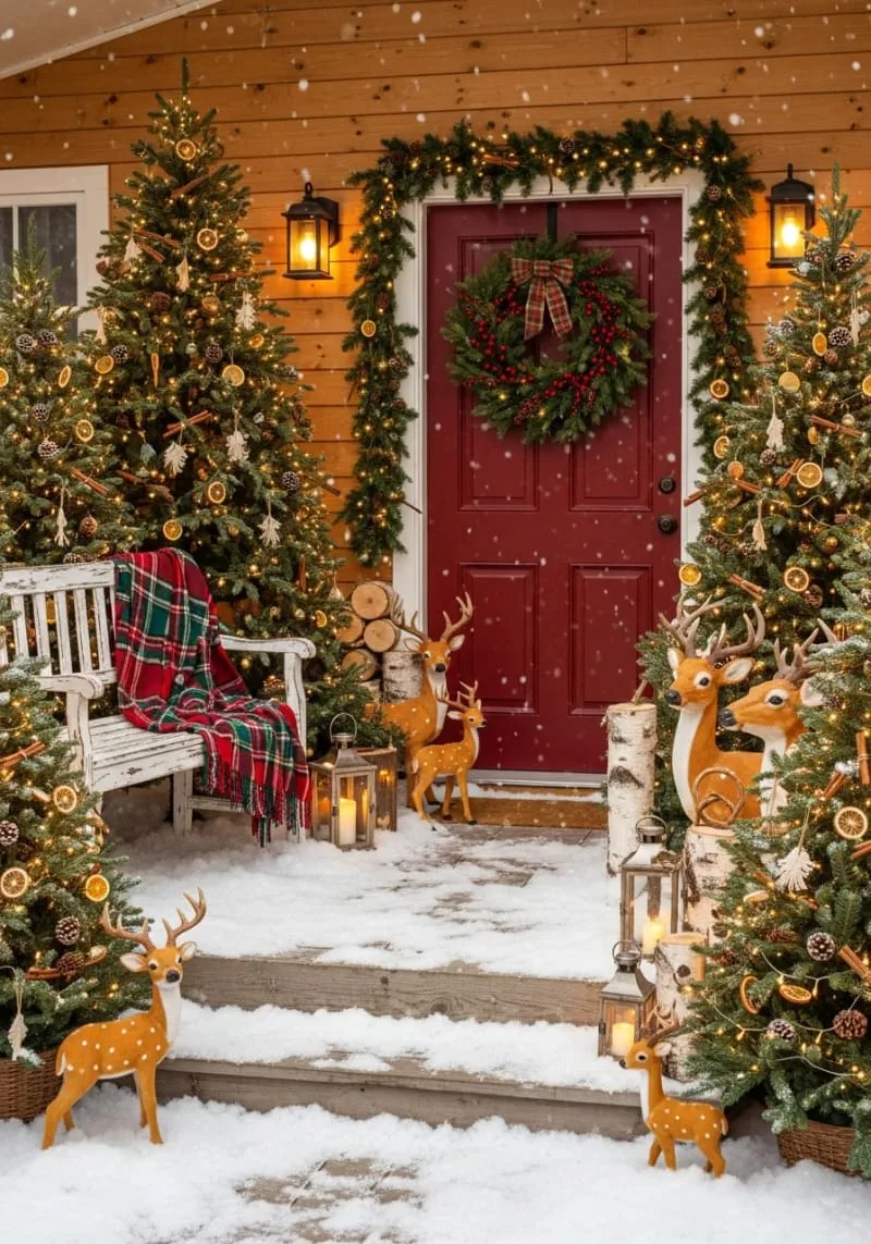 15 Dreamy Front Porch Christmas Trees to Try This Year 31 whimsical woodland porch with pine trees, faux snow, and deer figurines 1