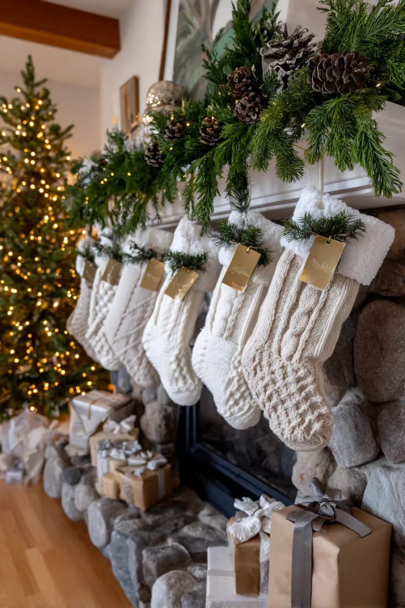 25 New Gorgeous White Christmas Decor Ideas That Wow 59 white and cream christmas stockings with metallic monogram tags 1