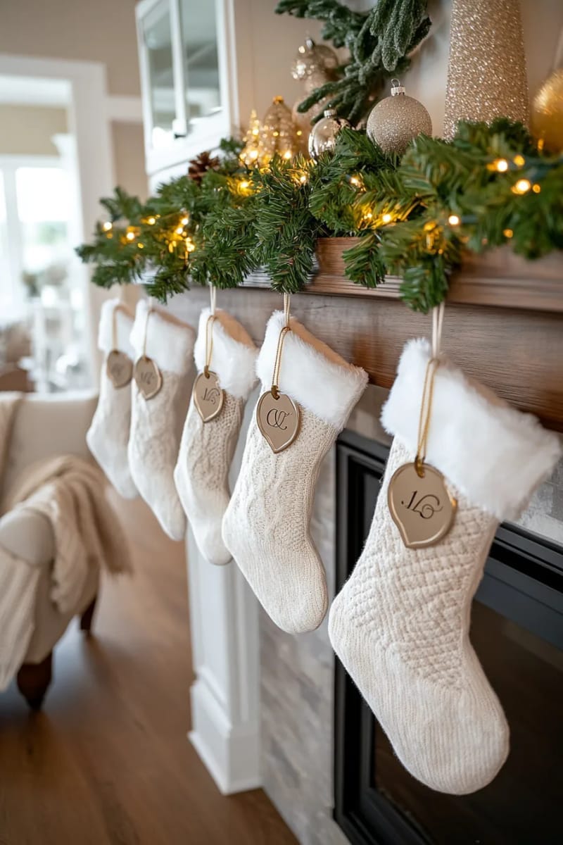 25 New Gorgeous White Christmas Decor Ideas That Wow 60 white and cream christmas stockings with metallic monogram tags 1