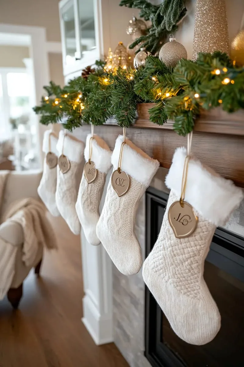 25 New Gorgeous White Christmas Decor Ideas That Wow 59 white and cream christmas stockings with metallic monogram tags 1