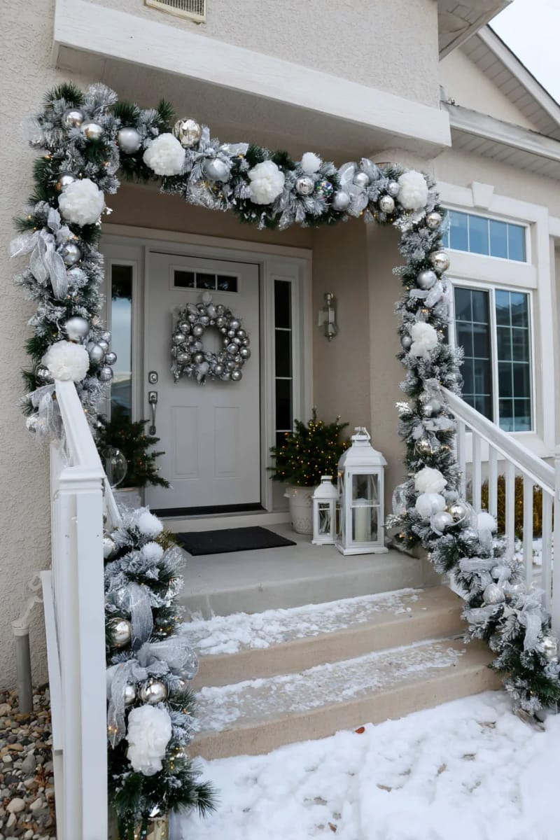 27 Beautiful Christmas Front Door Decor Ideas to Inspire 31 white and silver winter wonderland theme with flocked pine garland 1