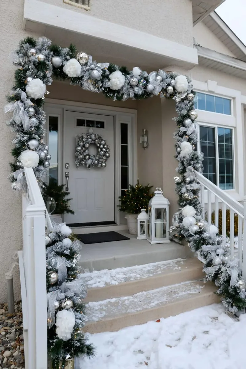 white and silver winter wonderland theme with flocked pine garland 1