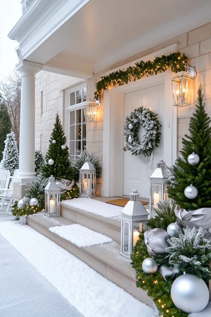 27 Beautiful Christmas Front Door Decor Ideas to Inspire 32 white and silver winter wonderland theme with flocked pine garland 1