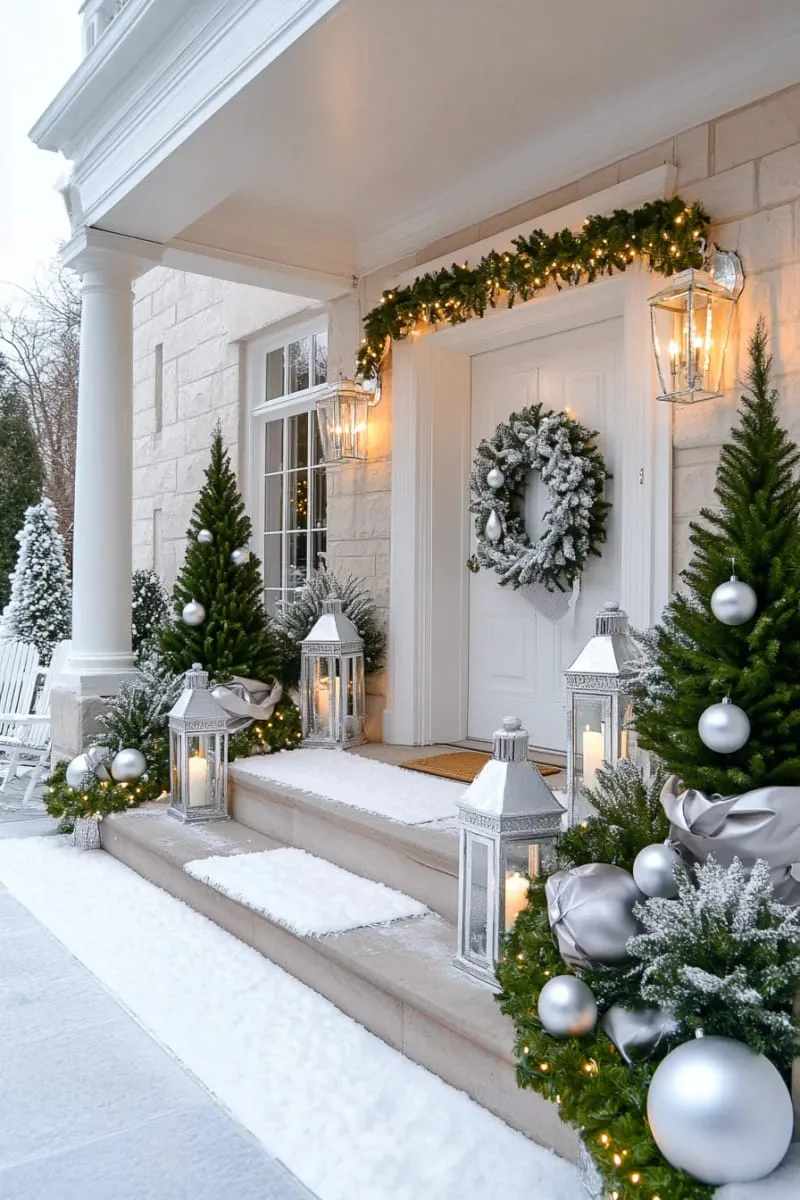 white and silver winter wonderland theme with flocked pine garland 1