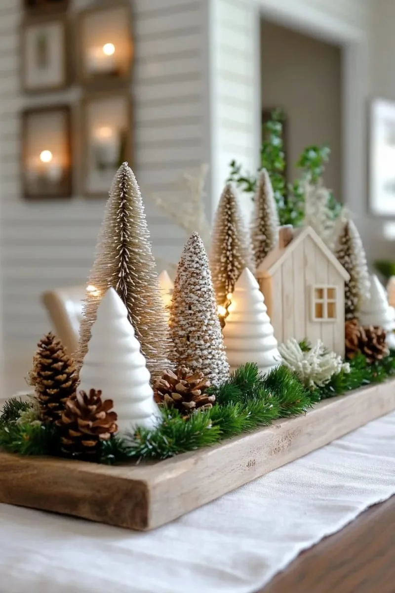 25 New Gorgeous White Christmas Decor Ideas That Wow 22 white bottle brush trees arranged on a rustic wooden tray 1
